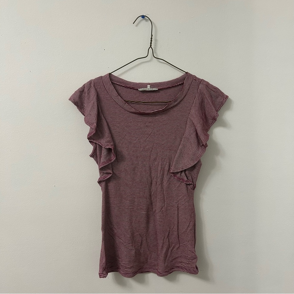 Striped Ruffle Sleeve Top - Burgundy